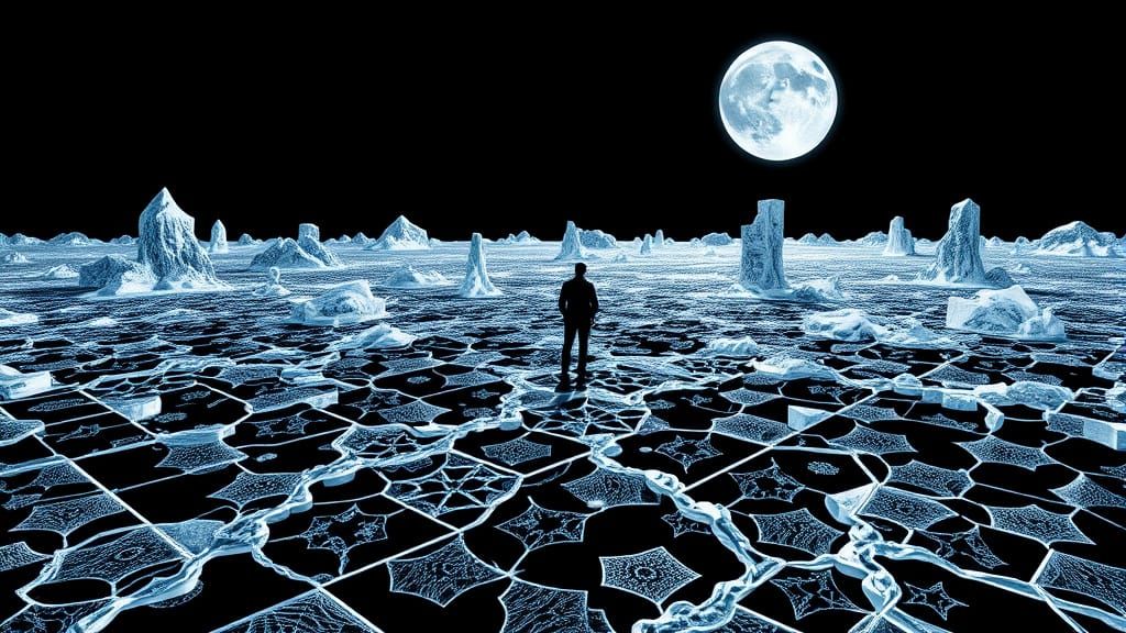 Man in Black Landscape of Crystalline Ice Motifs