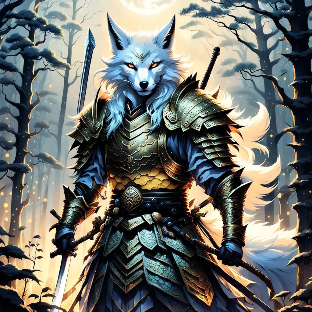 Kitsune Dragon Knight in Moonlit Forest