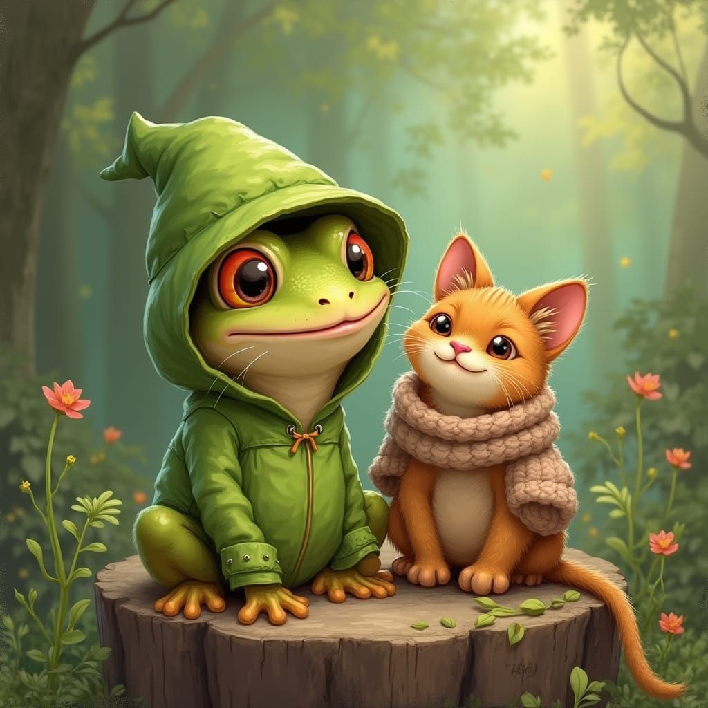 Frog and Cat in a Cozy Scene, Beatrix Potter Style