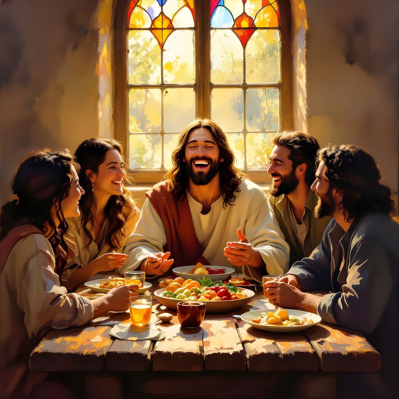 Jesus Christ Laughing with Friends in Golden Hour Light