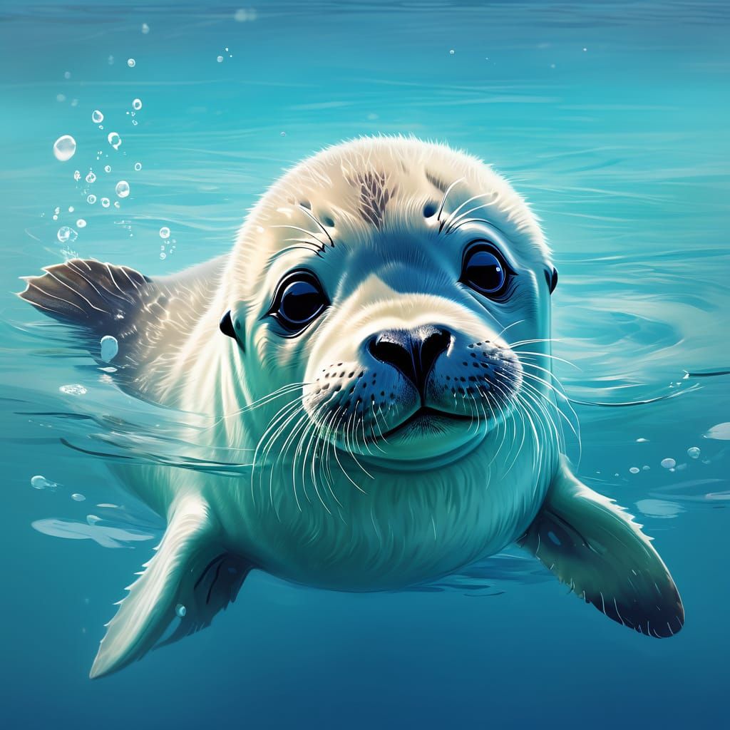 Adorable Baby Seal Swimming in Bright Blue Ocean