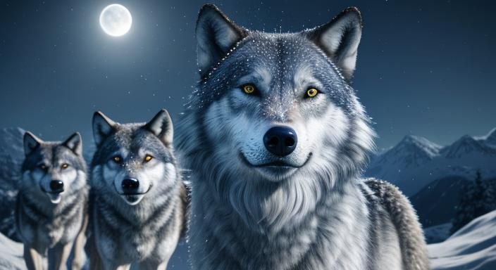 Wolves Howling on Snowy Peaks in Digital Art