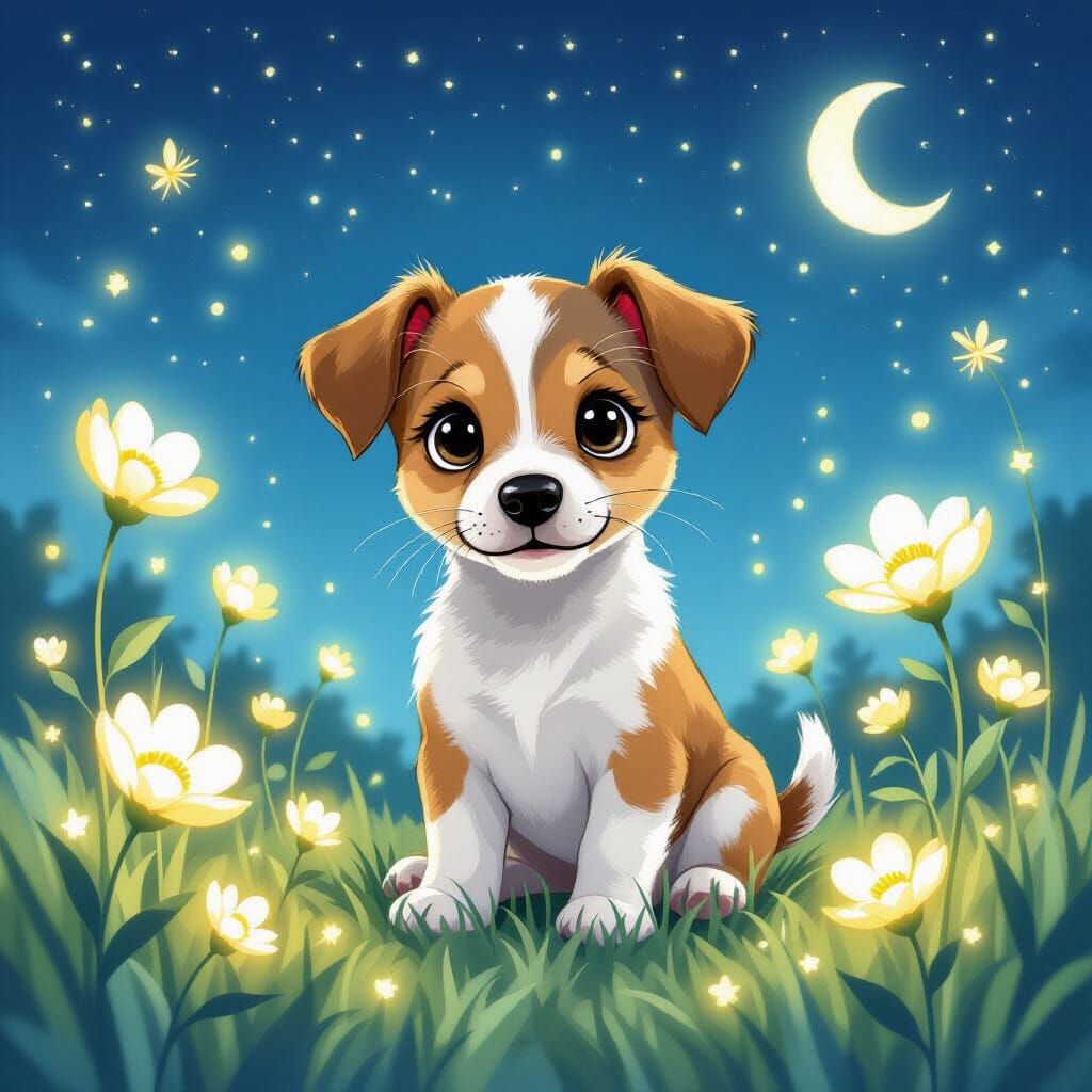Whimsical Puppy in Enchanted Floral Field Under Starry Sky