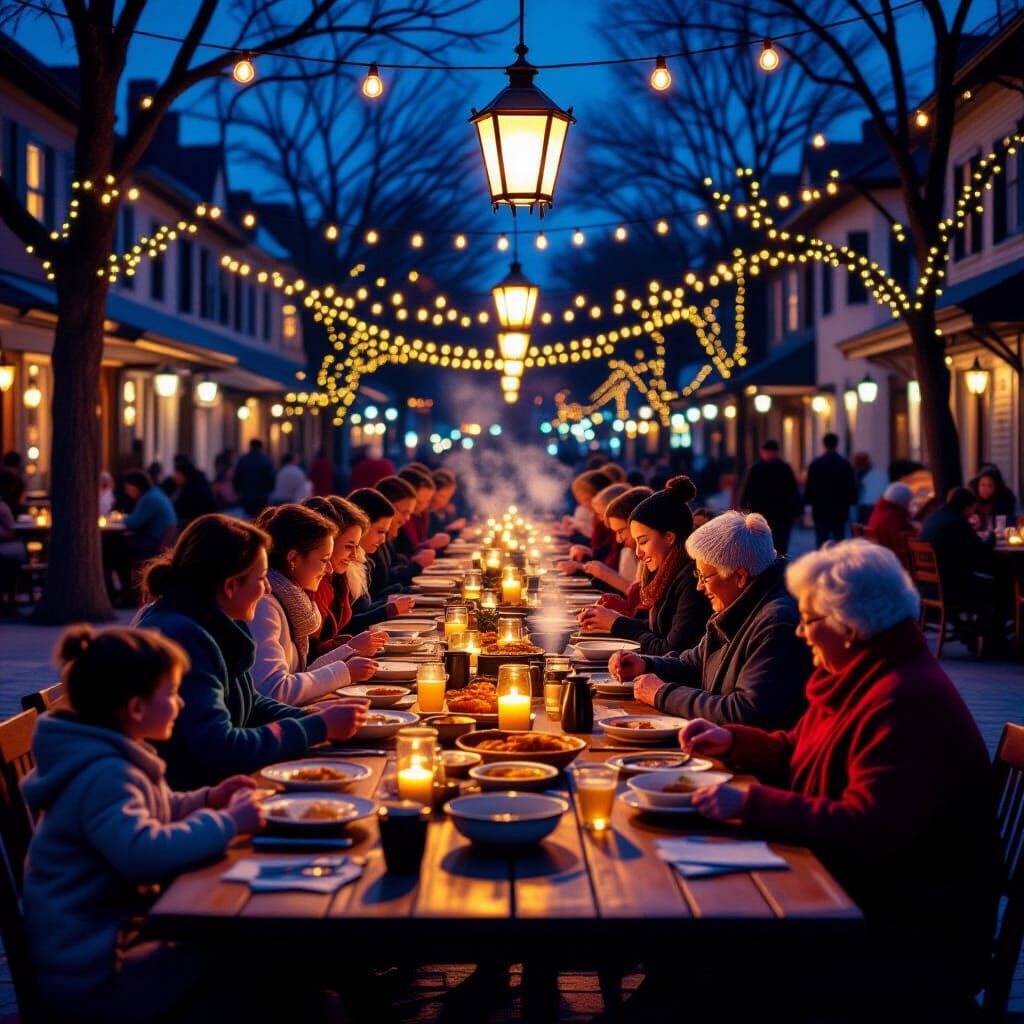 Warm Community Gathering with Shared Food and Lanterns