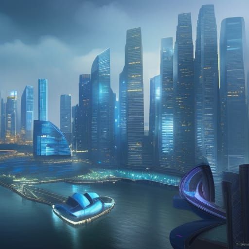 Singapore Skyline in Blue, Hyperdetailed Concept Art