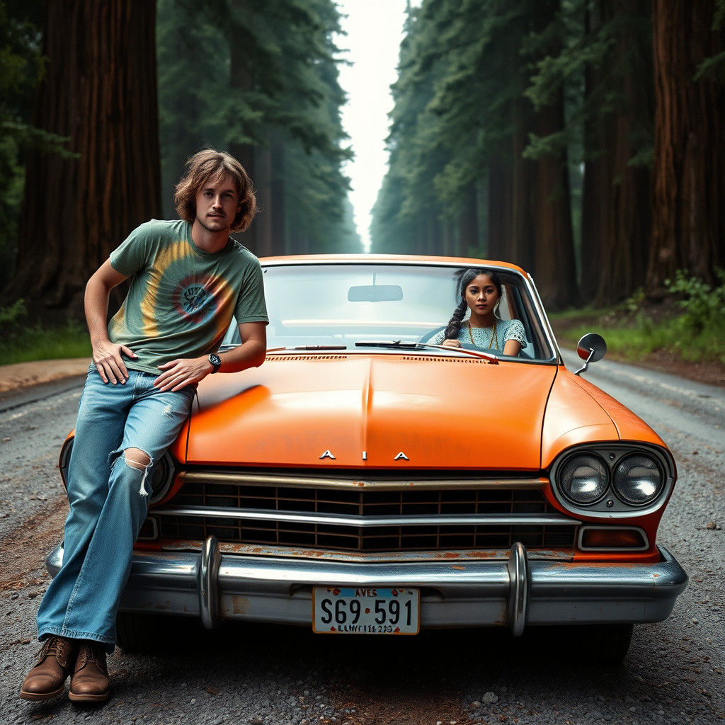 Road Trip Through Redwood Forest in Classic Car