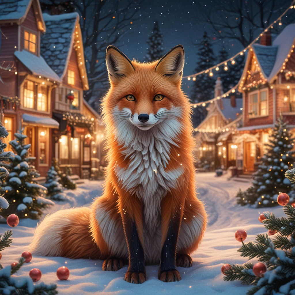 Whimsical Christmas Fox in a Magical Storybook Setting