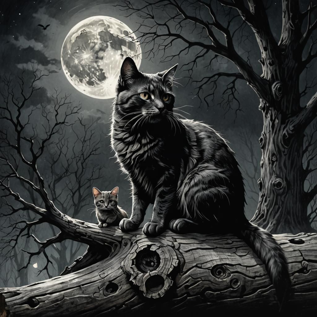 Gothic Charcoal: Cat and Mouse Under Moonlight