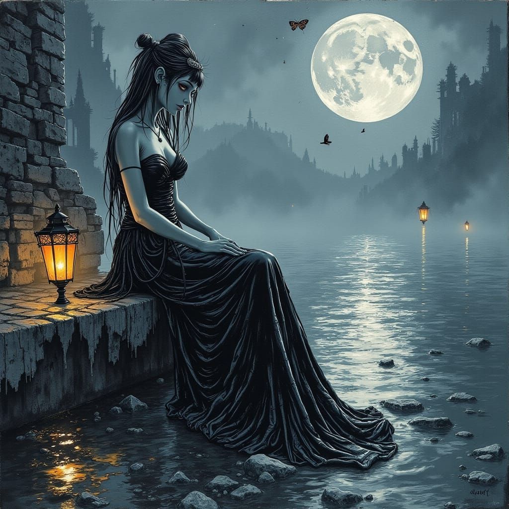 Moon Goddess Daughter in Gown on Ruined Quay