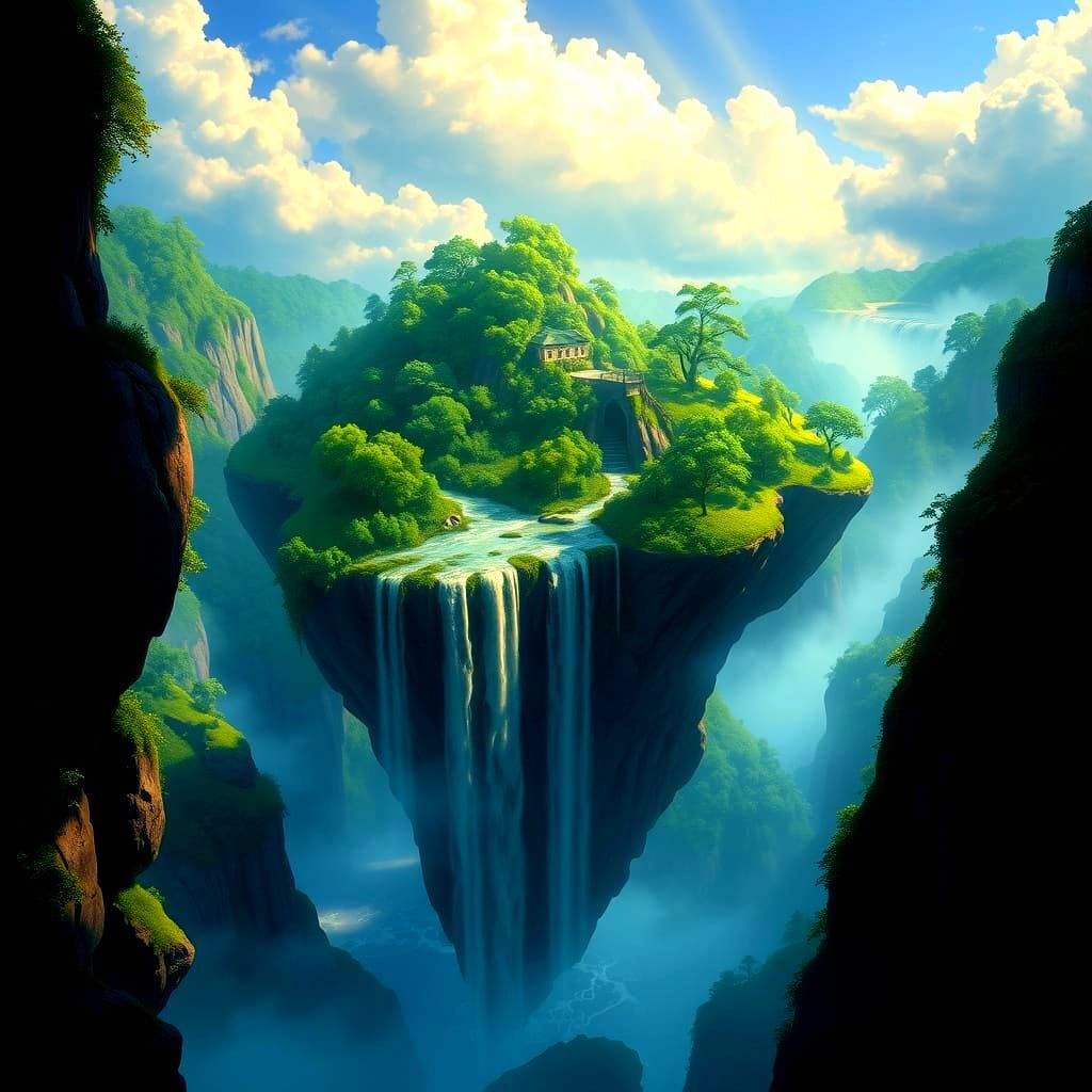 Majestic Floating Island with Lush Forest and Waterfall