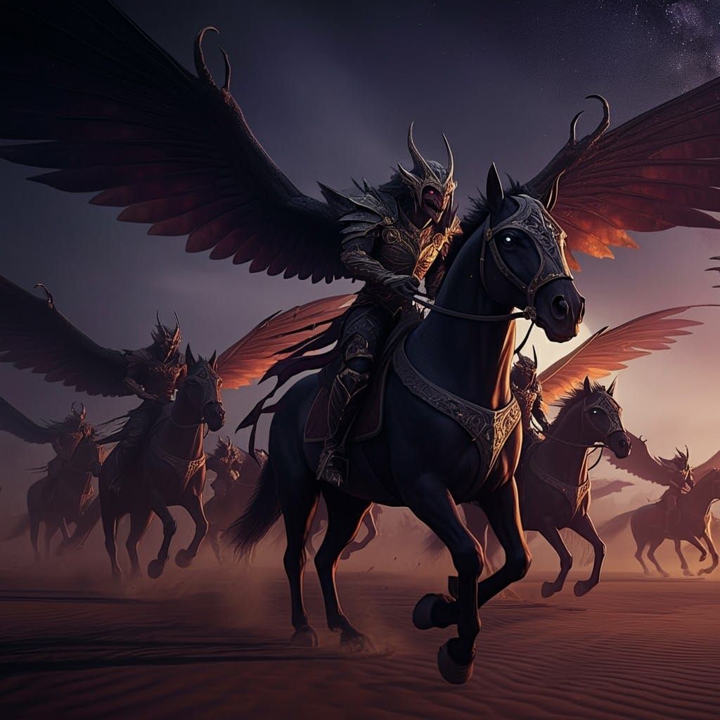 Winged Riders Galloping Across Moonlit Desert: Dark Fantasy ...