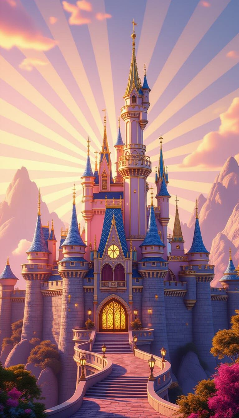 Magical Fairytale Kingdom Sunrise in Pixar Style