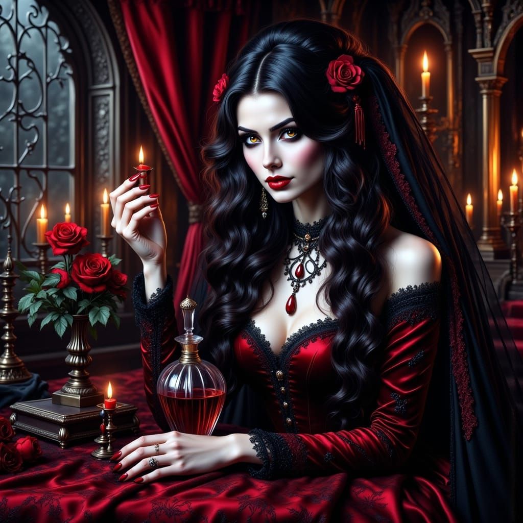 Seductive Vampire Perfumer in Gothic Workshop