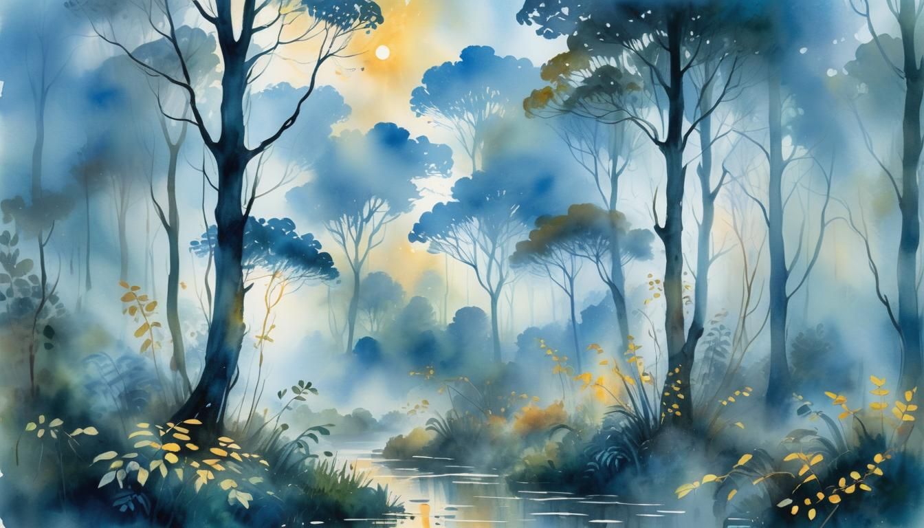 Misty Rainforest at Dawn: Impressionist Watercolor Landscape
