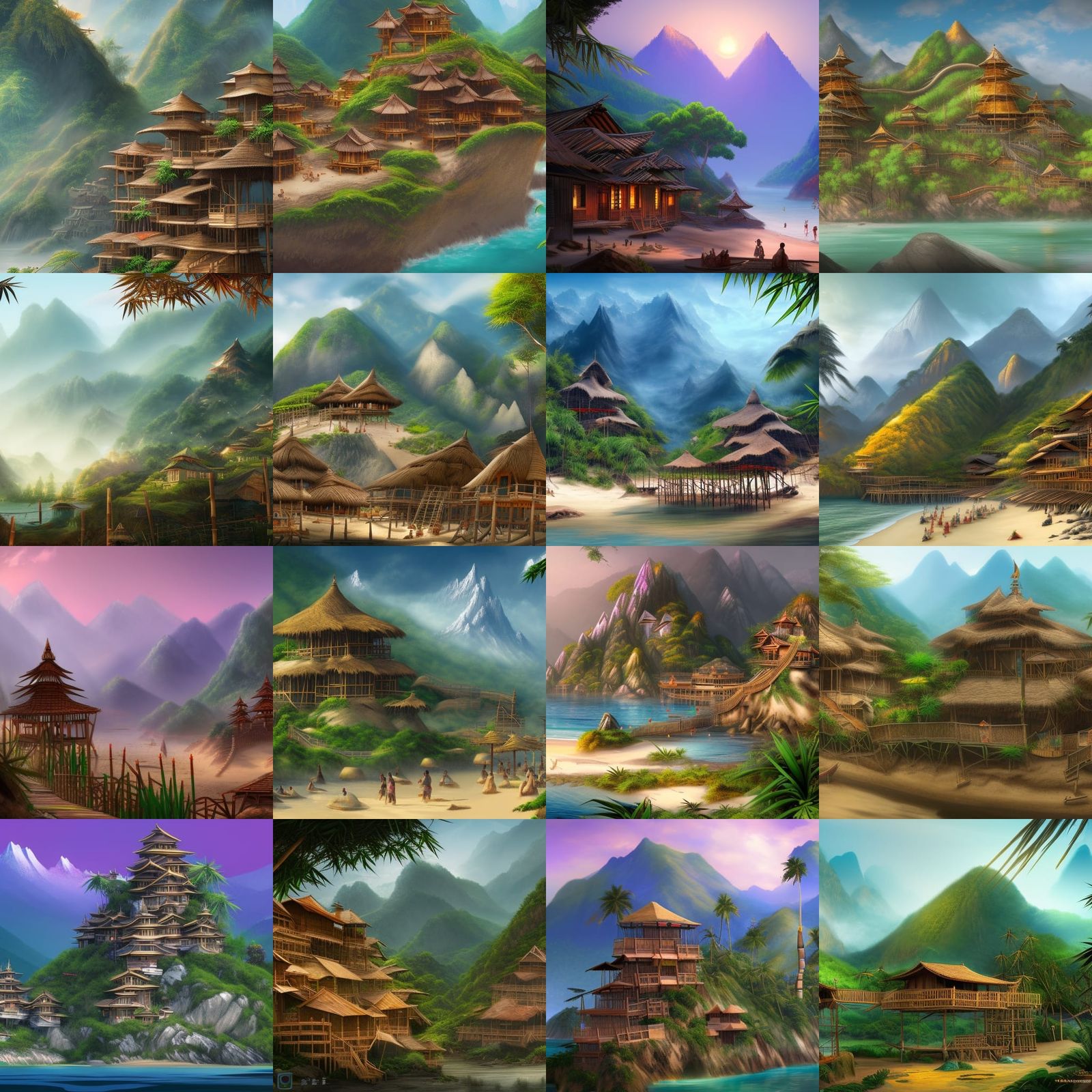 Coastal Mountain Village with Bamboo Scaffolding