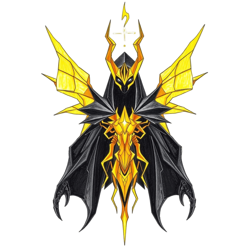 Golden Luciferian Cyber-Entity in Low-Poly, Black Origami