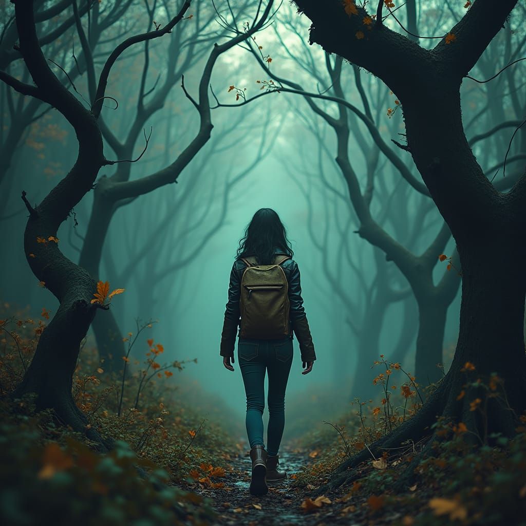 Woman in Dark Forest: Fantastical Art Style