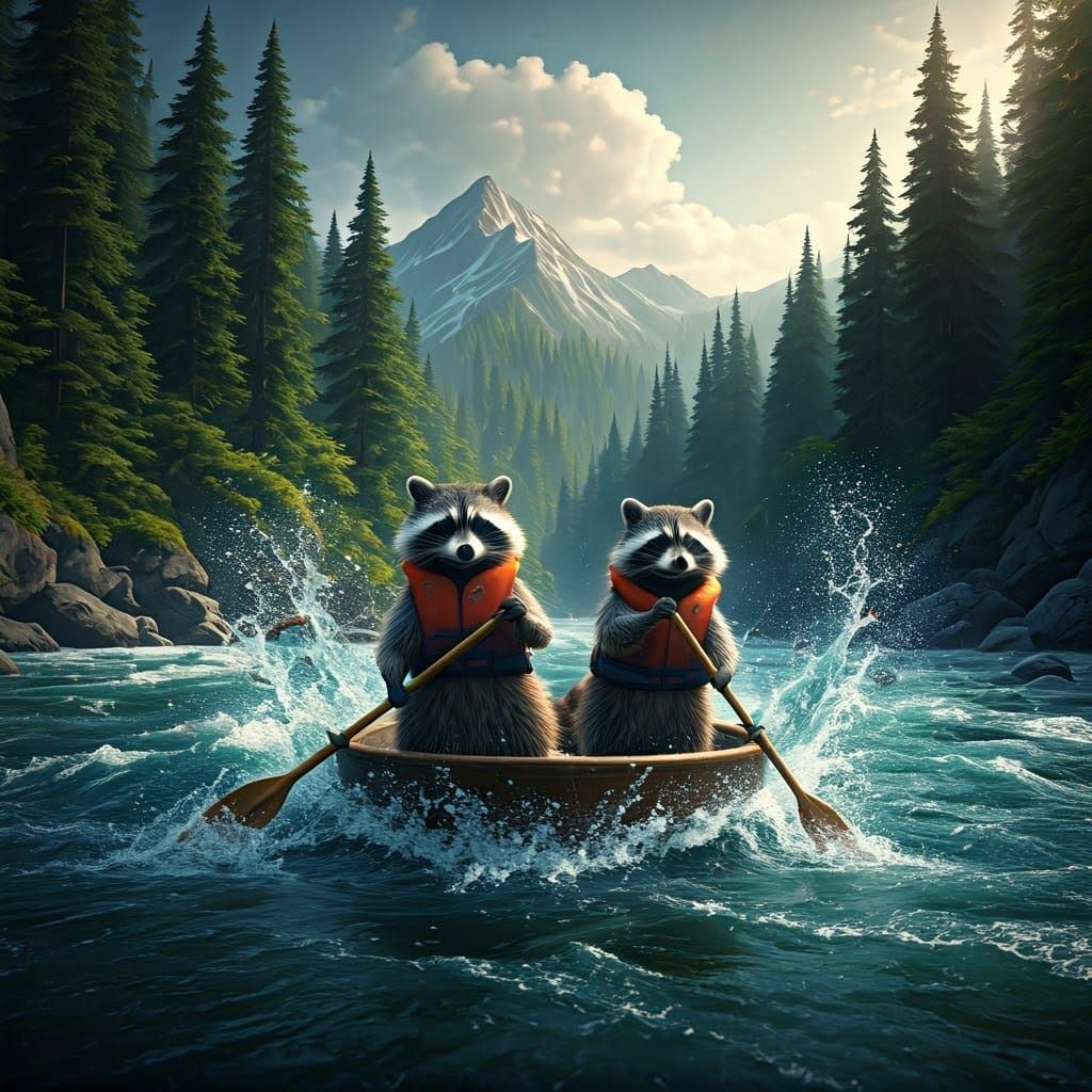 Vibrant River Raccoons in Epic White Water