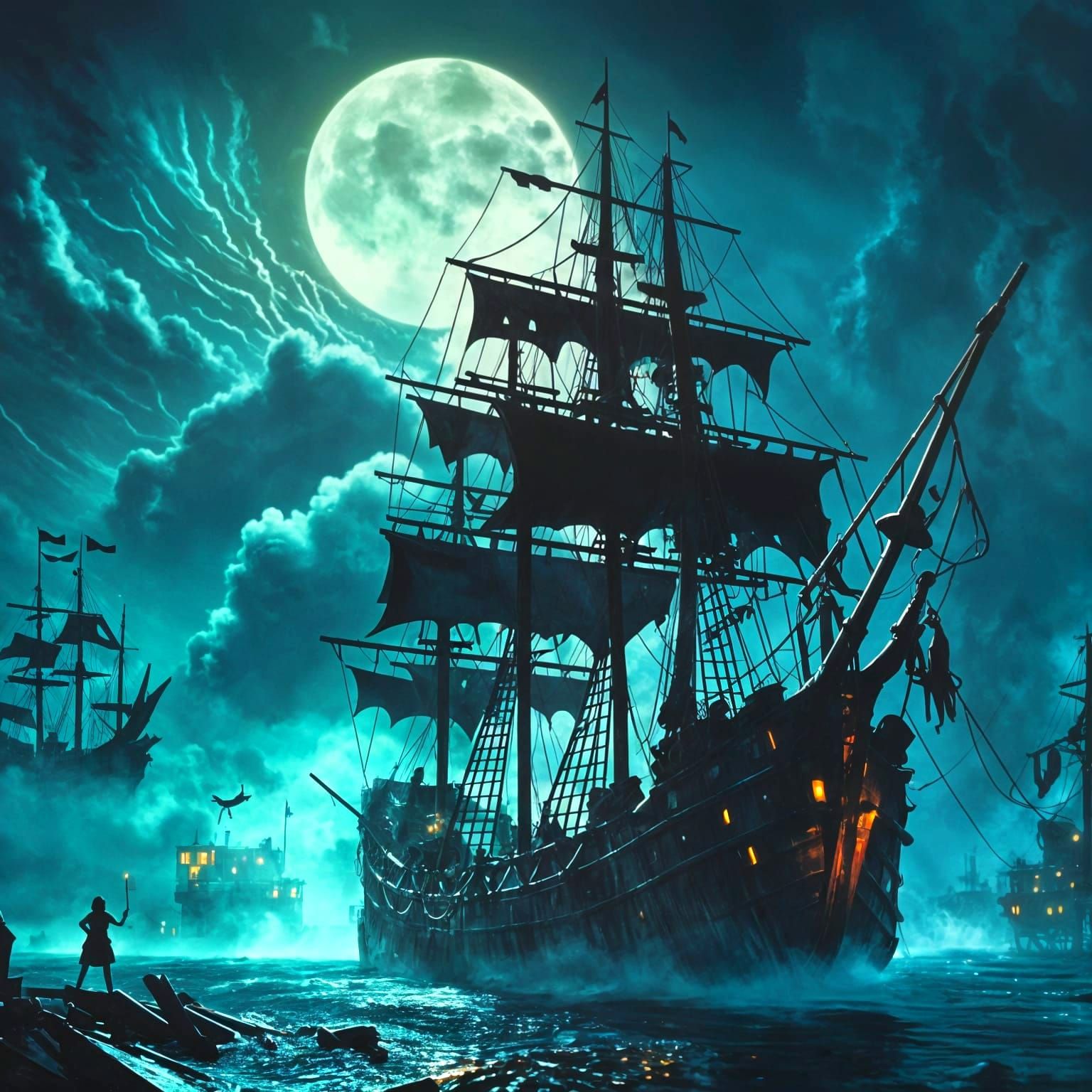 Dark Fantasy Duel on a Flying Pirate Ship