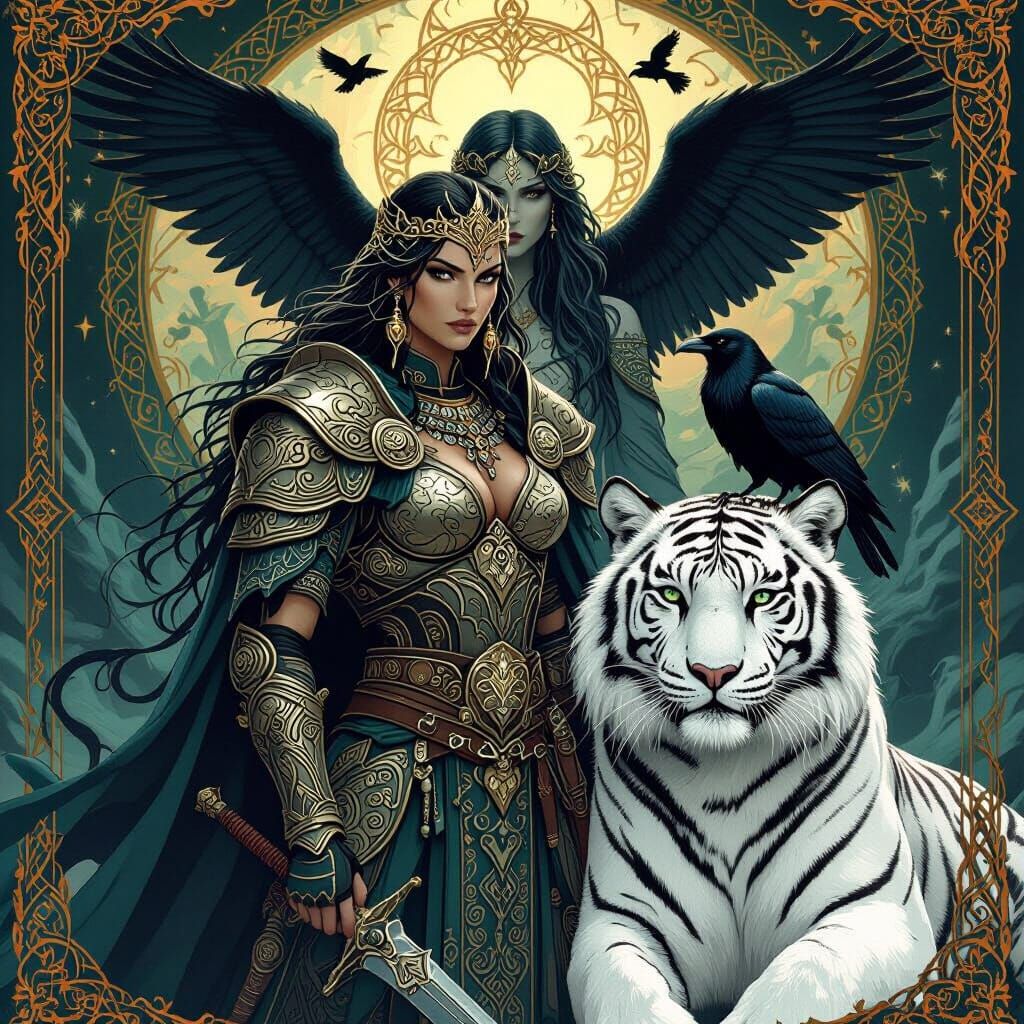 Celtic Warrior, Tiger, and Morrigan in Mystical Art Style