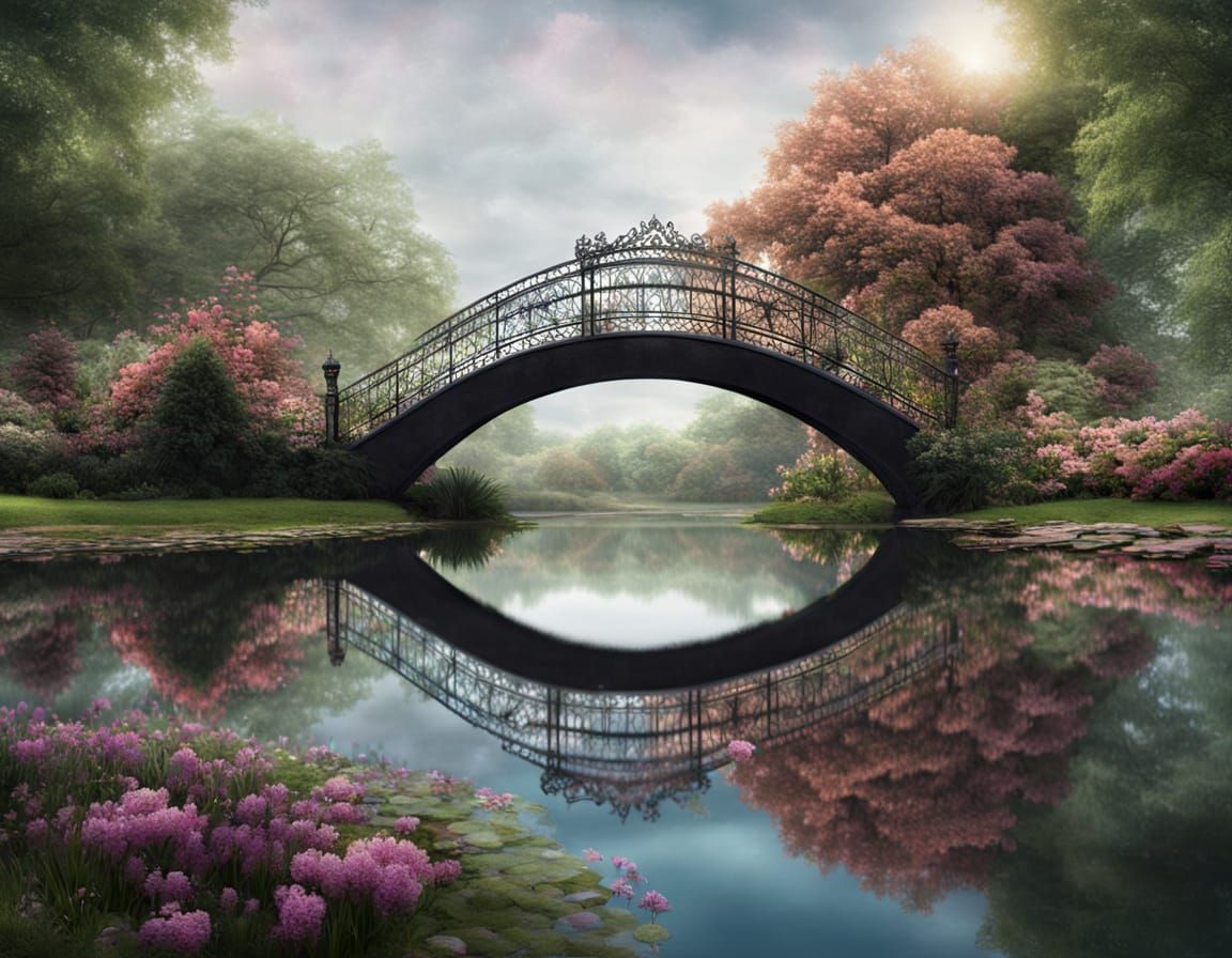 Wrought Iron Bridge Reflecting in Pond