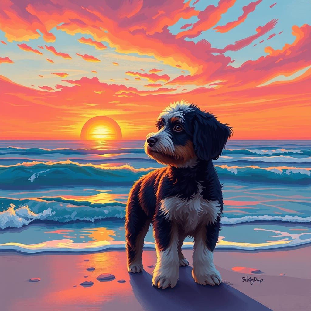 Mini Bernedoodle Stands Alone on Serene Beach at Sunset