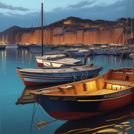 Serene Harbor Oil Painting with Golden Light