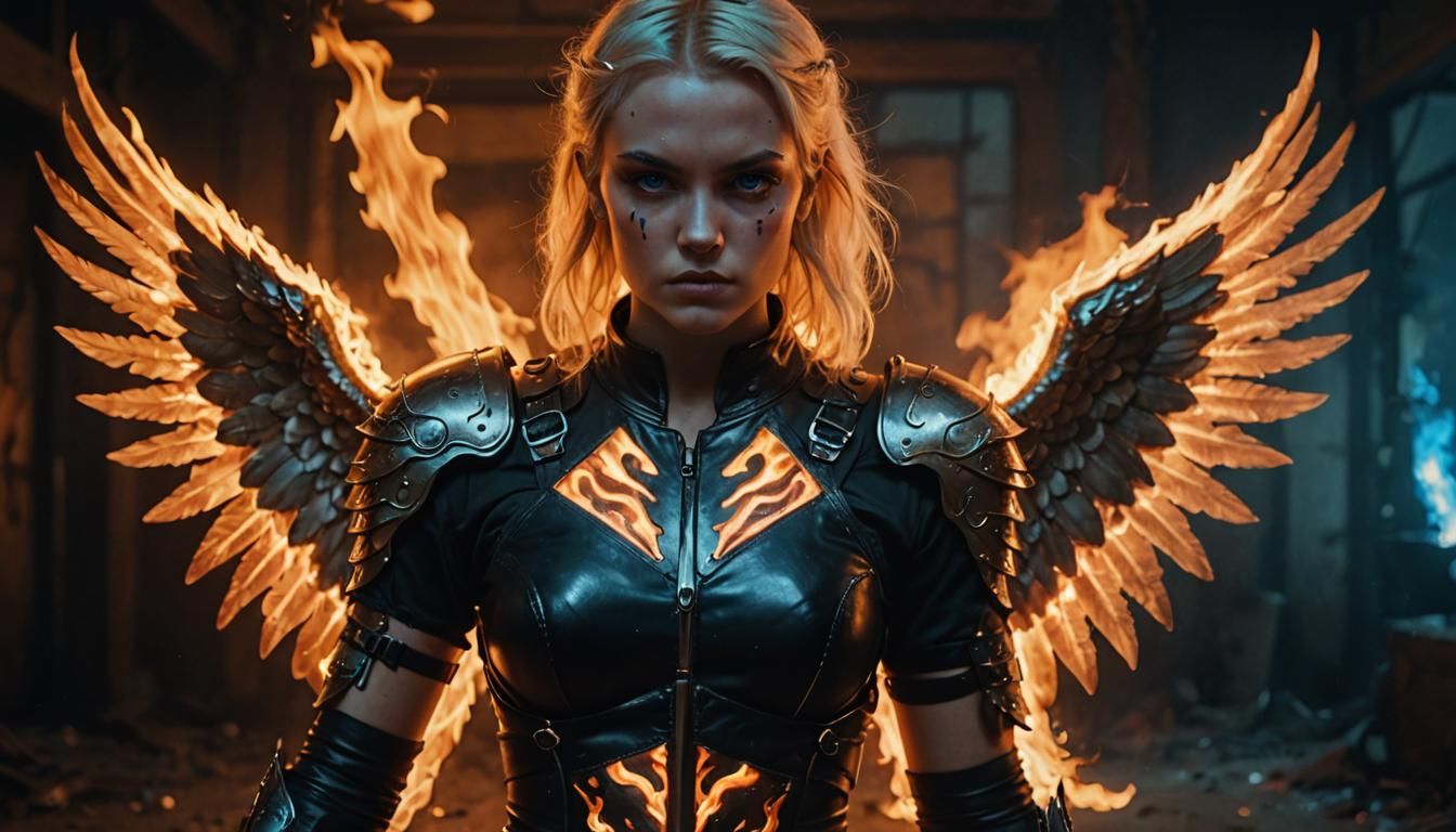 Seductive Blonde Angel Warrior with Flaming Swords