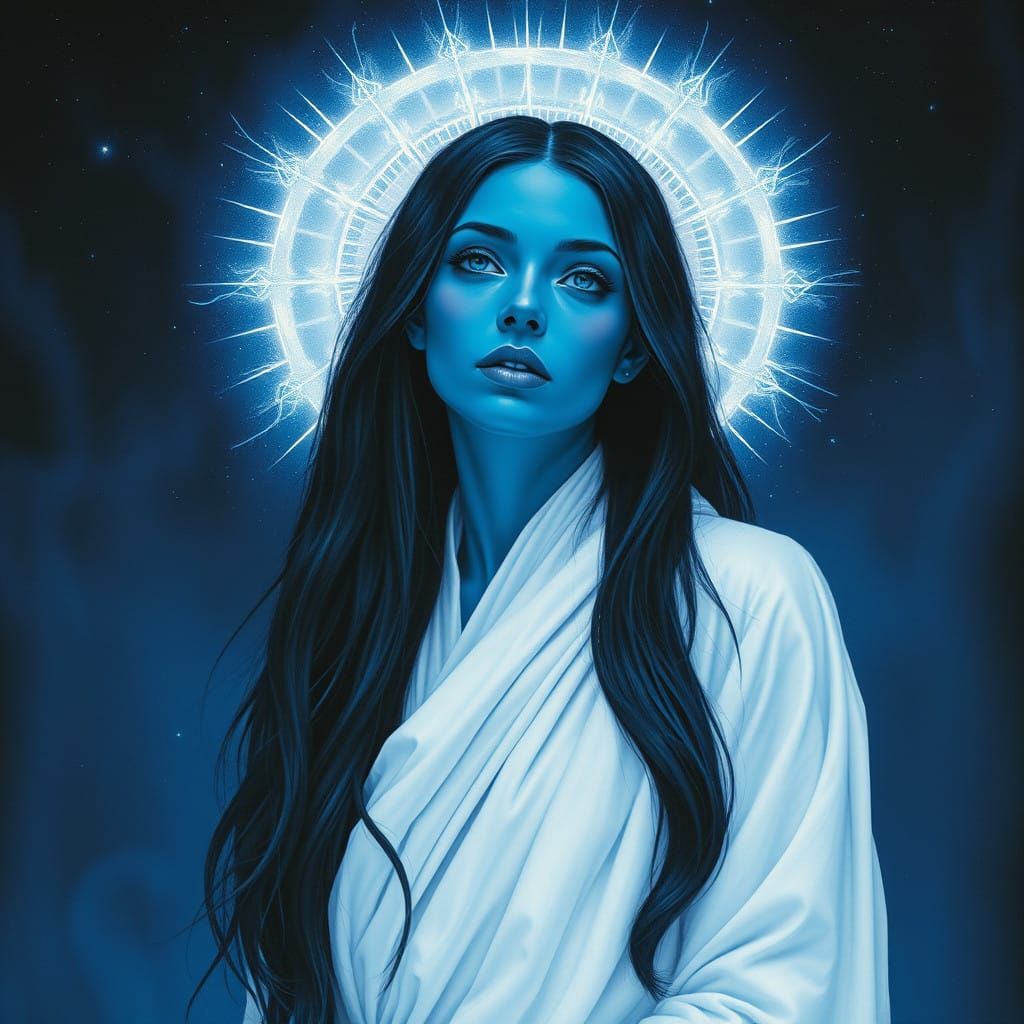 The Mysterious Electric Blue Goddess in a White Halo