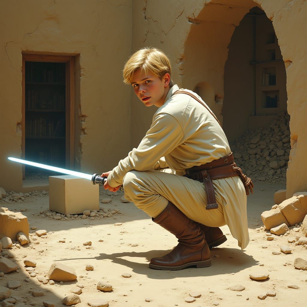 Hyperrealistic Scene of Discovery with Glowing Sword