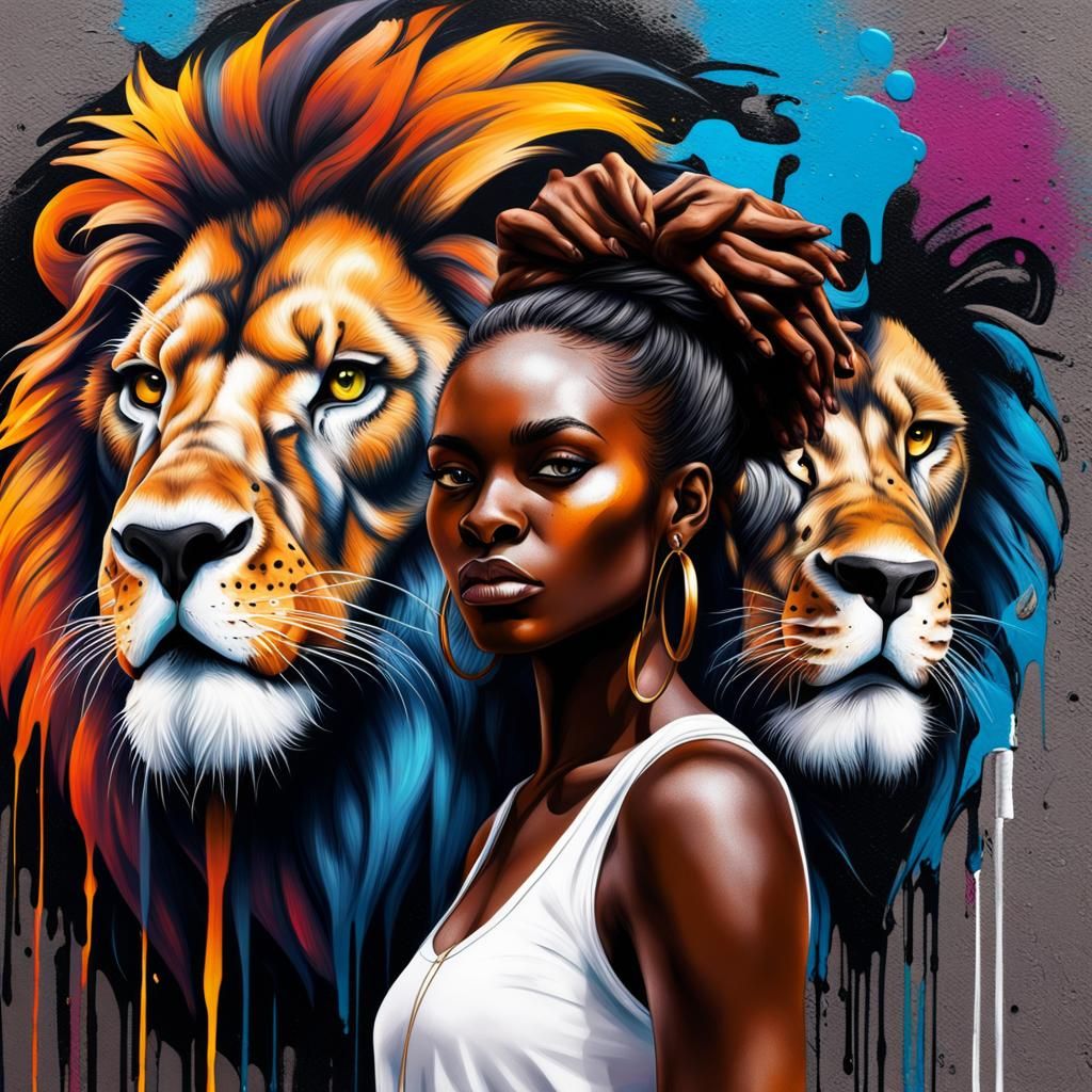 Girl with Lion: Graffiti Style Splash Art