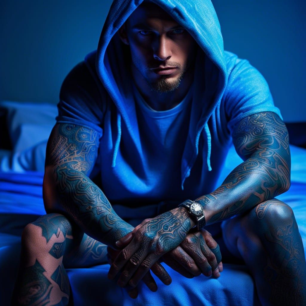 Man with Tattoos in Neon Lighting Style