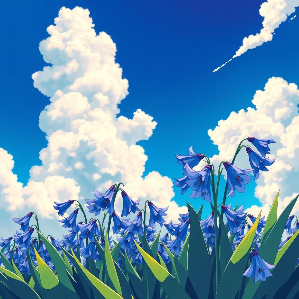 Bluebells Swaying in Anime Style Under Blue Sky