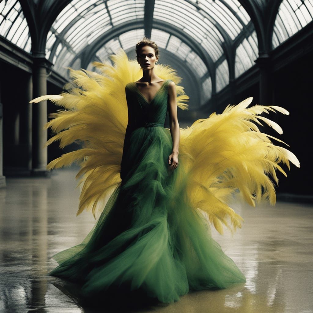 Regal Model Strides Through Majestic Greenhouse in Vibrant C...