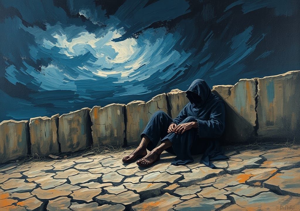 Despondent Figure Dissolving in Expressionist Landscape