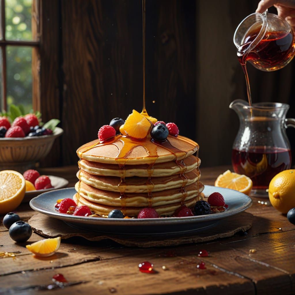 Hyperrealistic Pancakes Still Life with Floating Fruit