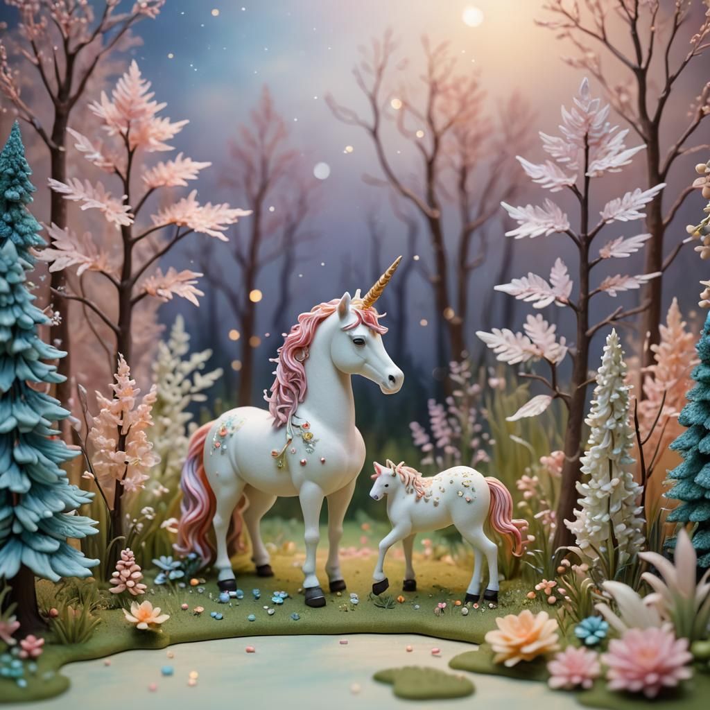 Enchanted Forest Diorama with Unicorn in Pastel Colors