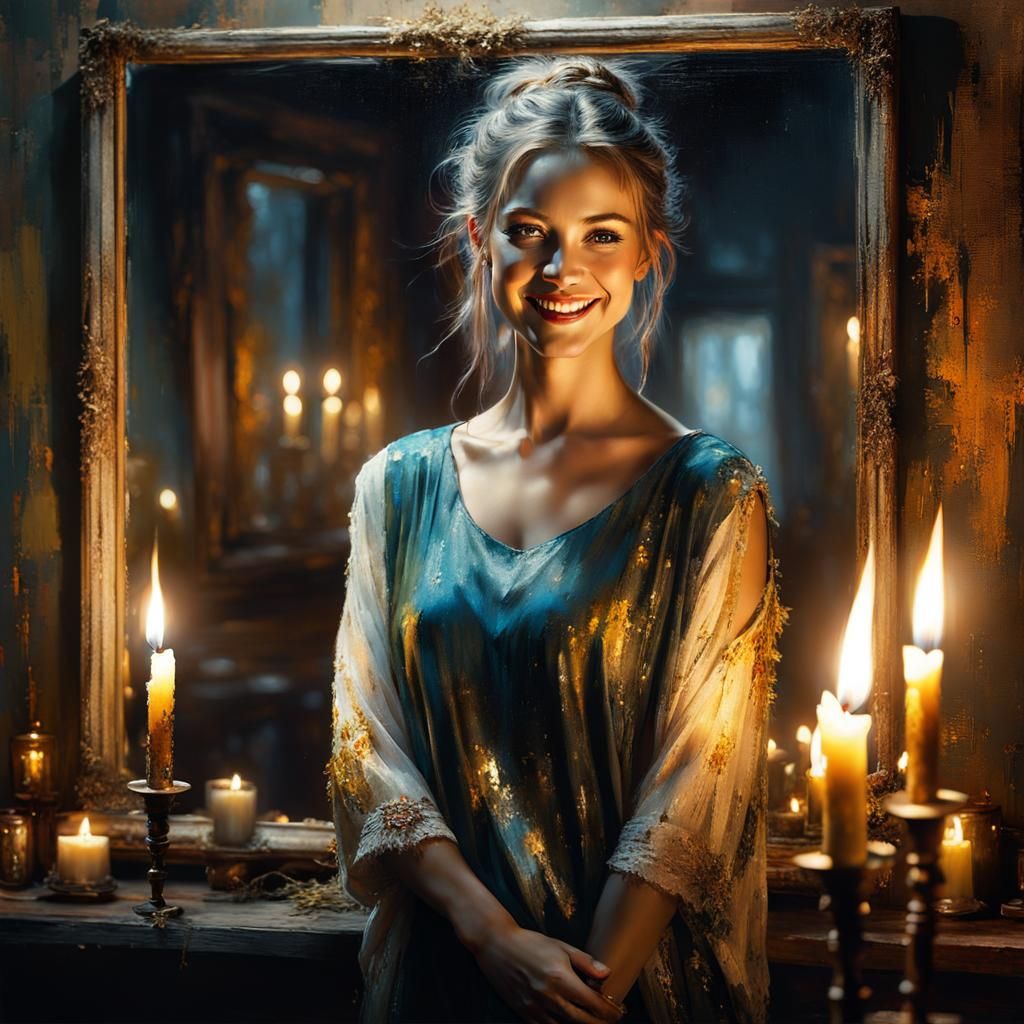 Woman in Candlelight Reflected, Matte Painting Style