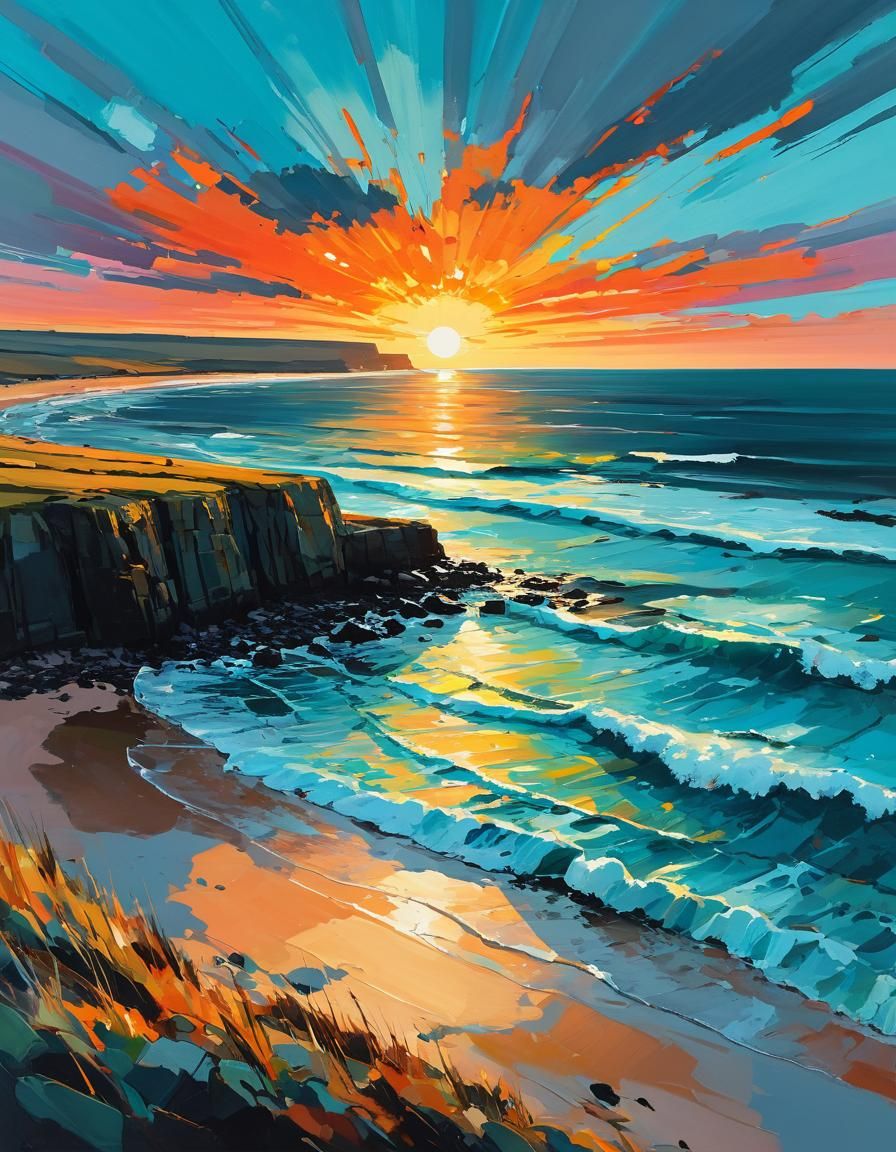 Northumberland Beach Sunrise in Expressionist Gouache Style