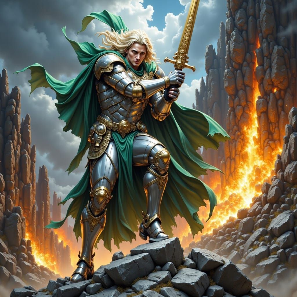 Heroic Knight Battles Fire in Dramatic Fantasy Art