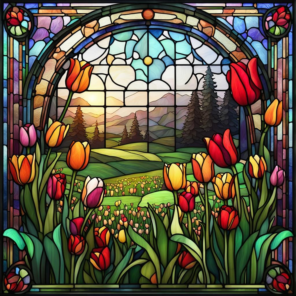 Stained Glass Spring Meadow with Tulips