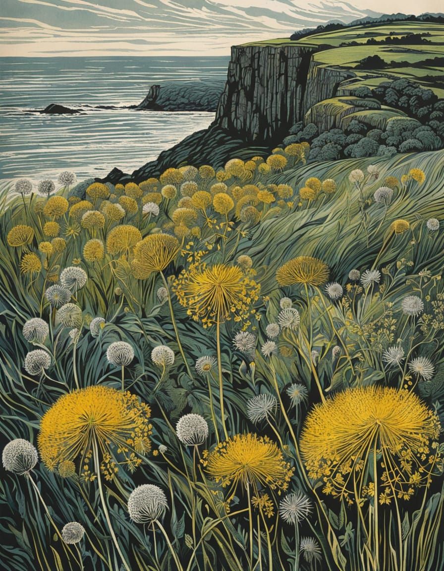 Dandelions in Exquisite Linocut Style on a Rocky Cliff