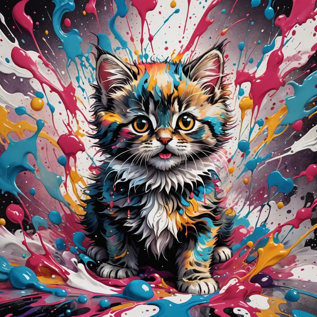 Colorful Kitten Ink Drawing in Oil Gouache Style