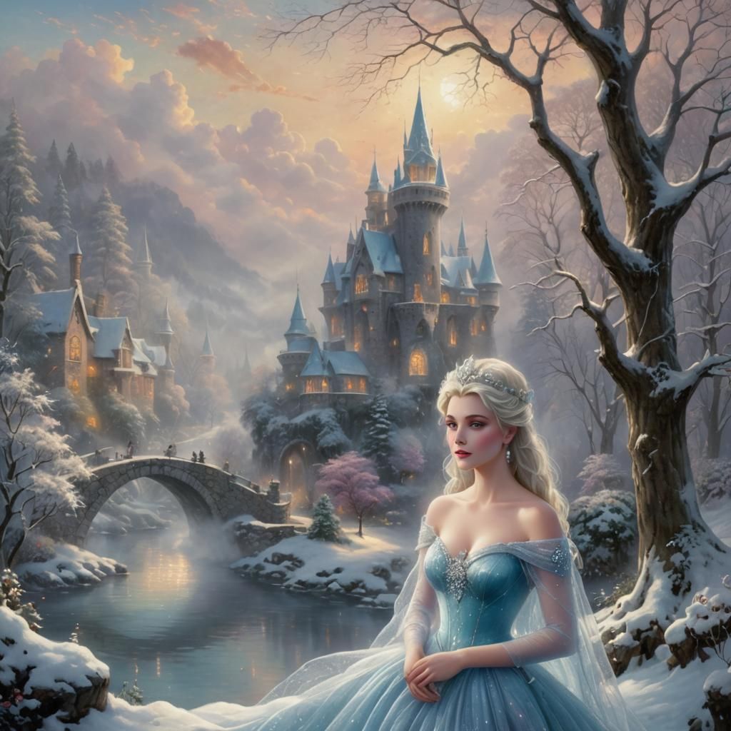 Ethereal Snow Queen in a Misty Fantasy Landscape