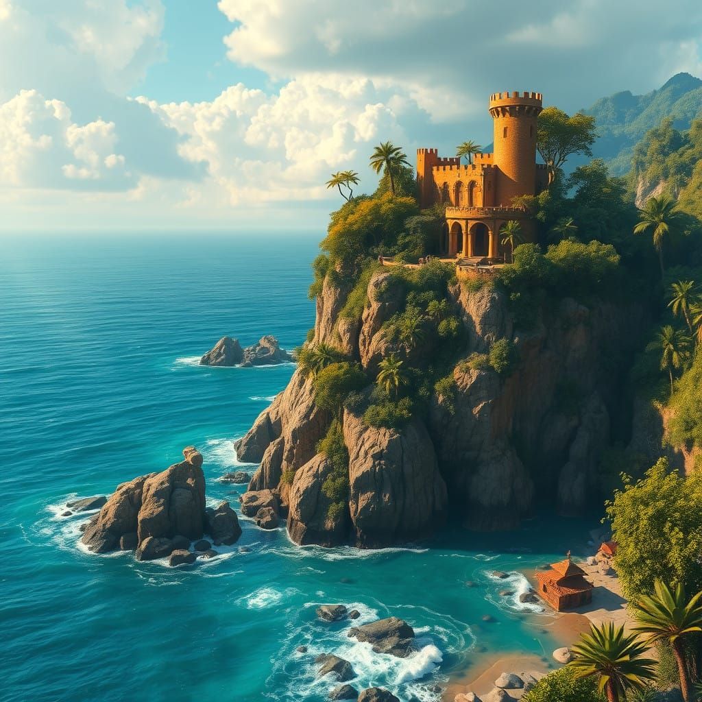 Fantasy Golden Castle Amidst Turquoise Ocean in Jungle Parad...