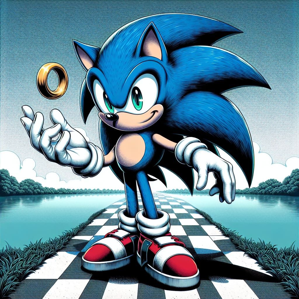 Blue Hedgehog Touches Gold Ring in Manga Style