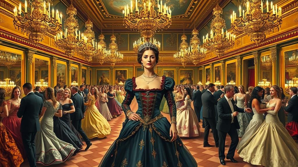 Tudor Ballroom Scene in Dreamlike Oil Painting Style