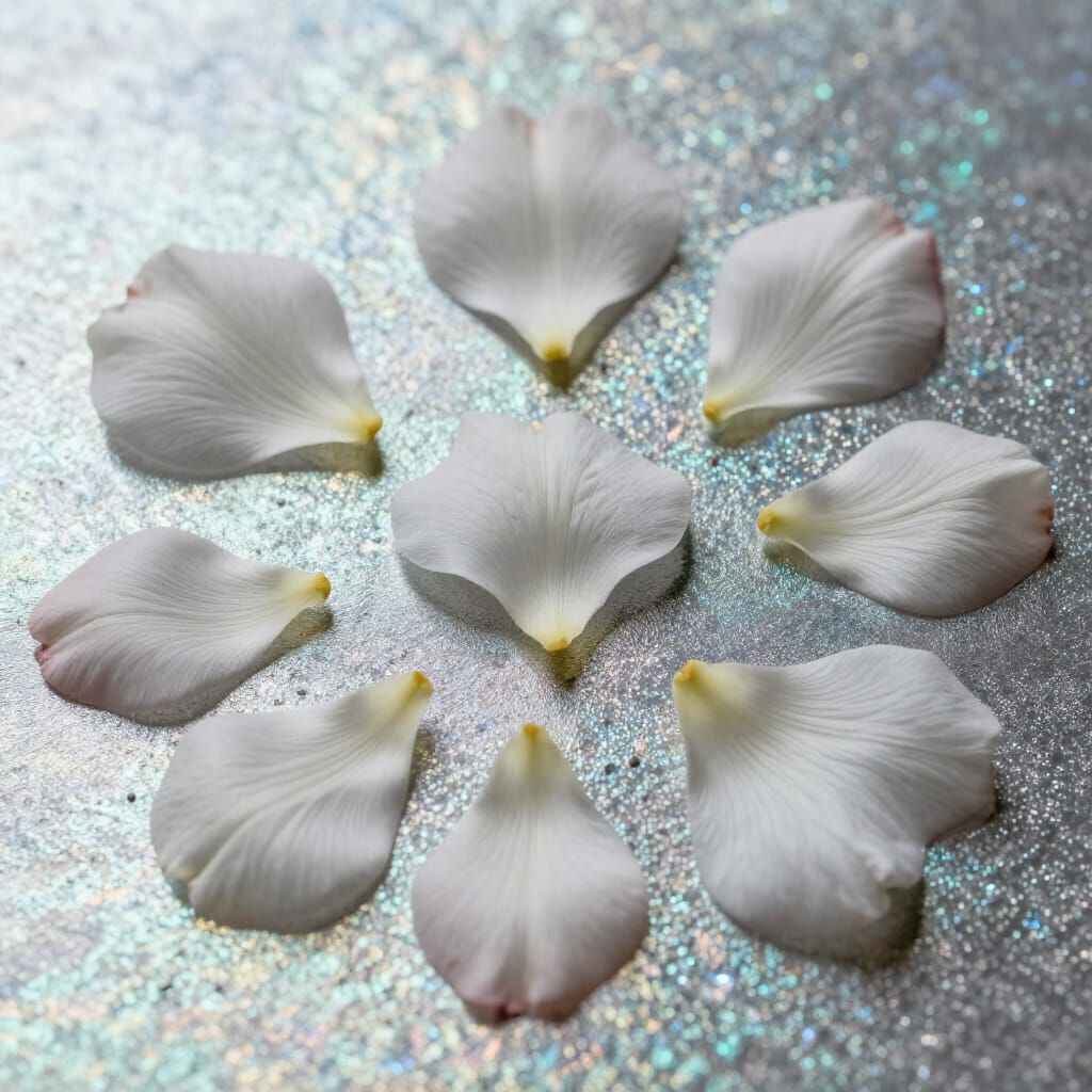 Individual flower petals arranged  as art against  rainbow metallic micro textures calcopyrite