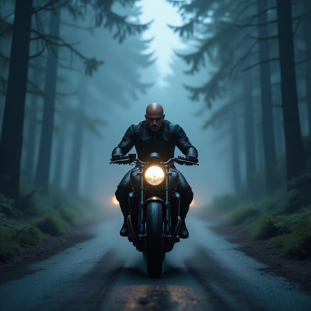 Bald Racer Vanishes Into Misty Woods in Cinematic Style