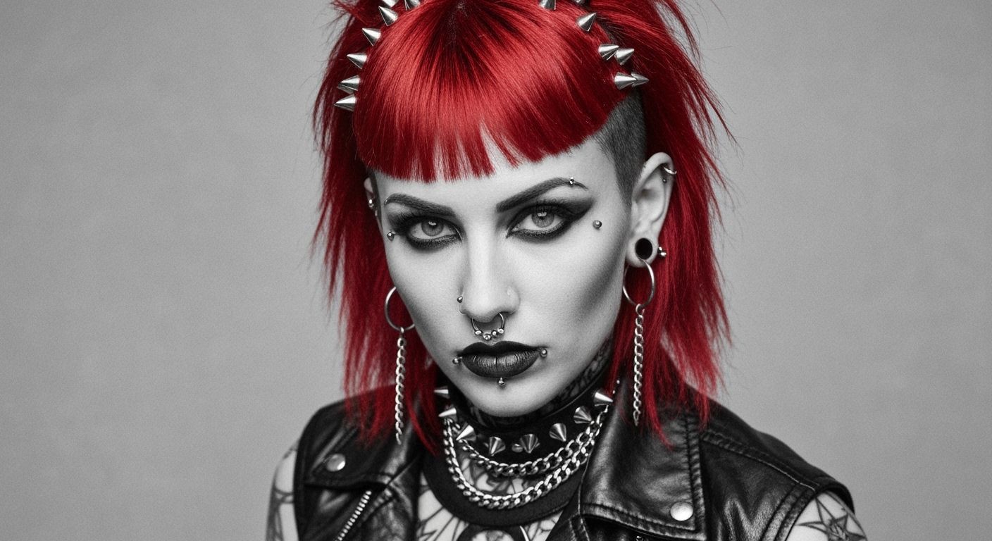 Punk Rock Girl with Red Hair in Black and White